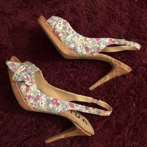 Fabric and cork sling back heels